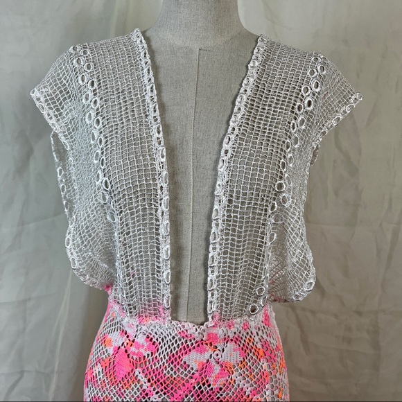 VTG Crochet Mesh Tie Dye Maxi Dress/Beach Cover Up in Pink and White - Picture 5 of 16